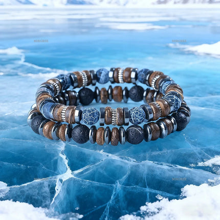 Set di braccialetti con perline in pietra naturale da uomo da 2 pezzi, gioielli da uomo in stile retrò fatto a mano all'aperto, regalo da uomo platinumshop