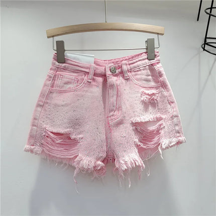 Women's Rhinestone Denim Shorts, High Waist, Stretchy, Vintage Wash, Distressed Effect, Summer 2026 Streetwear Style
