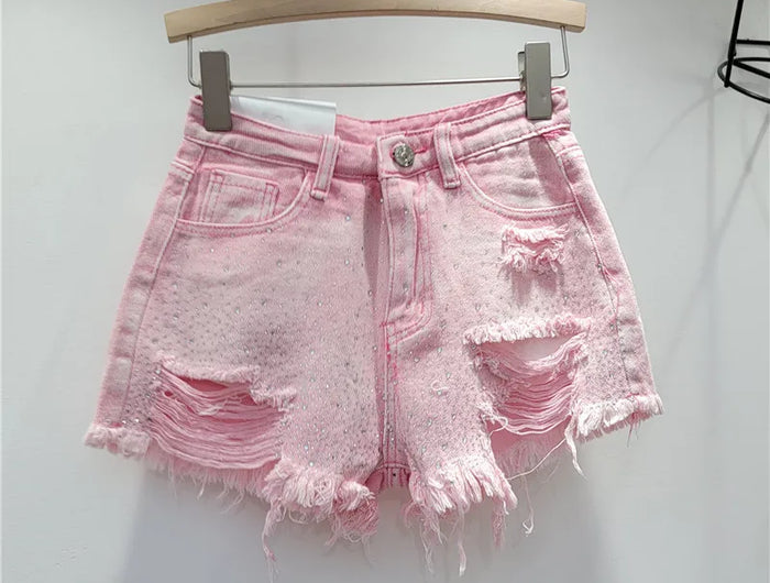 Women's Rhinestone Denim Shorts, High Waist, Stretchy, Vintage Wash, Distressed Effect, Summer 2026 Streetwear Style