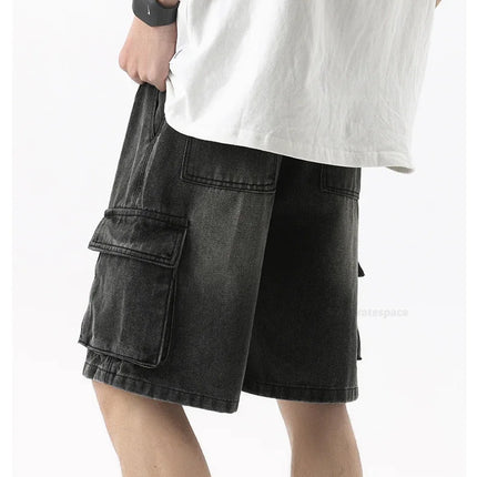 Pantaloncini di jeans alla moda retrò estivi per uomo Jeans corti multitasche larghi con gamba dritta con elastico in vita e coulisse da uomo