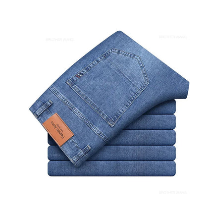 Summer Thin Men's Elastic Cotton Jeans Fashion Gray Comfortable Business Straight Casual Pants Brand Male Clothes Trousers PlatiNum
