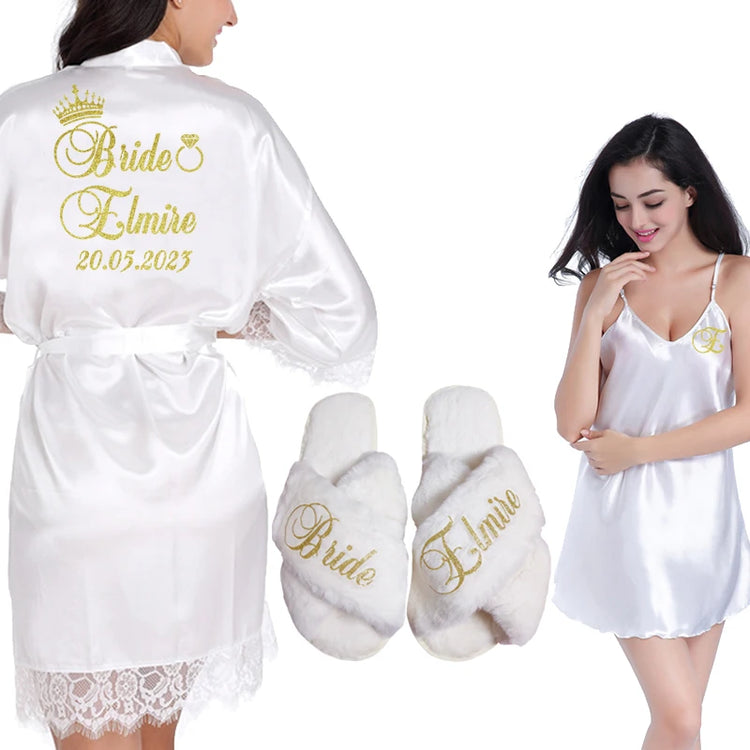 Set regalo bidale personalizzato Donna Abito in raso Sposa Damigella d'onore Matrimonio Camicia da notte Accappatoio