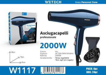 WETECH 2000W Professional Hair Dryer Negative Ion Blow Dryer Cool Shot Function With Concentrator Nozzle Diffuser Salon Home Travel Hair Styling Tool Adjustable Heat Speed 100-240V Universal Voltage