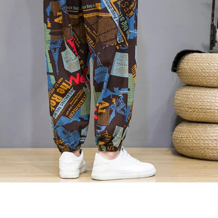 Pantaloni Primavera-Estate da Uomo in Stile Cinese, Sottili e Traspiranti in Cotone e Lino, con Vita Elastica, Pantaloni Harem Stampati Casual e Comodi