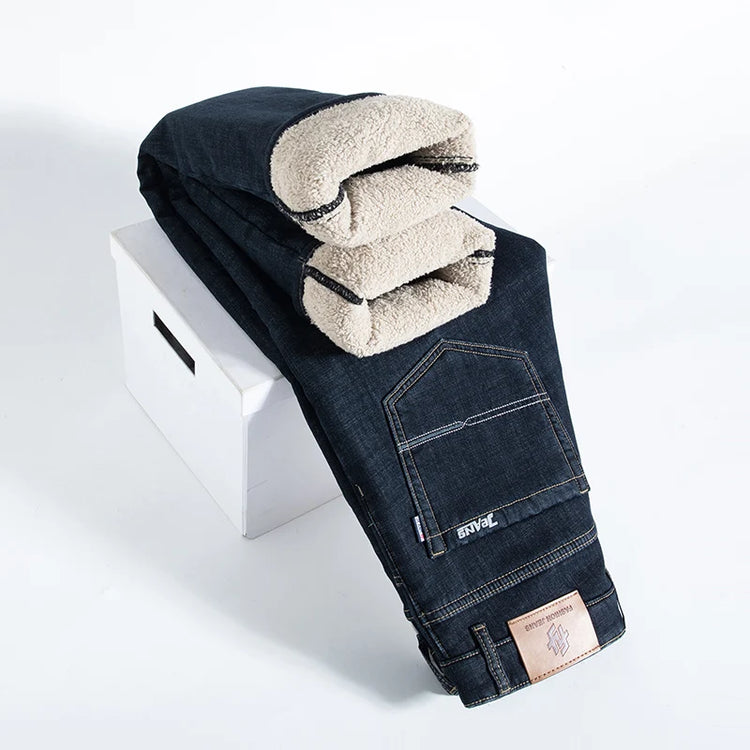 Soft Comfort Thicken Elastic Jeans Male Winter Warm Fleece Work Trousers Men Plush Wool Stretch Loose Straight Denim Pants