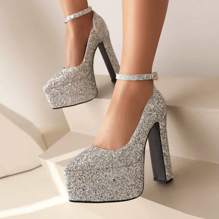 Ochanmeb Bling Bling Silver Gold Glitter Shoes Woman Ultra High Heels Platform Buckle Sequin Red Pumps Ladies Party Prom Wedding PlatiNum