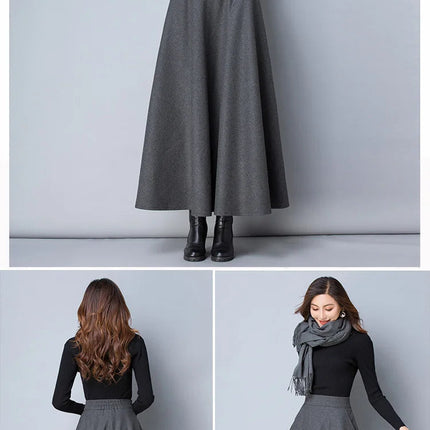 New Women Thick Woolen Skirt Autumn Winter Fashion Elastic High Waist A-Line Long Plaid Skirt Elegant Easy Match Wool Skirt PlatiNum