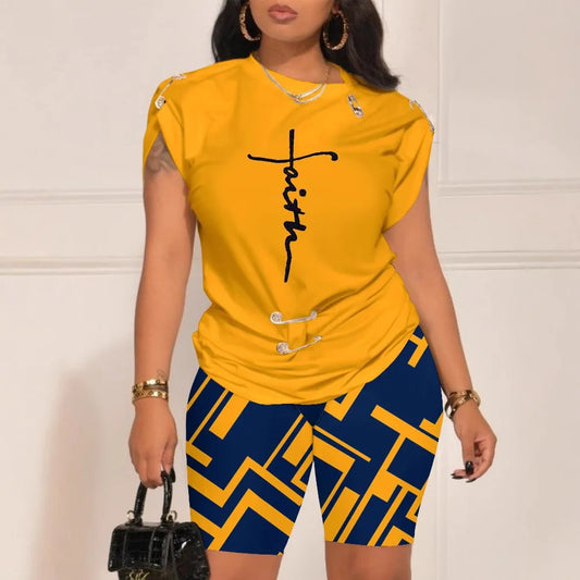 Women Leisure Pin Digital Printing Set O Neck Short Sleeve T-shirt And Shorts 2 Pieces Sets Summer Top + Short Pant 2 PCS Suits