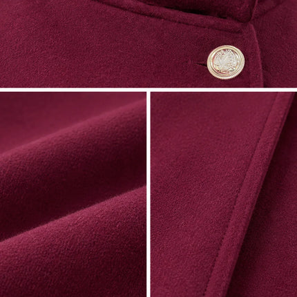 Women's Autumn and Winter Solid Color Elegant Cape with Gold Buttons and Belt Design