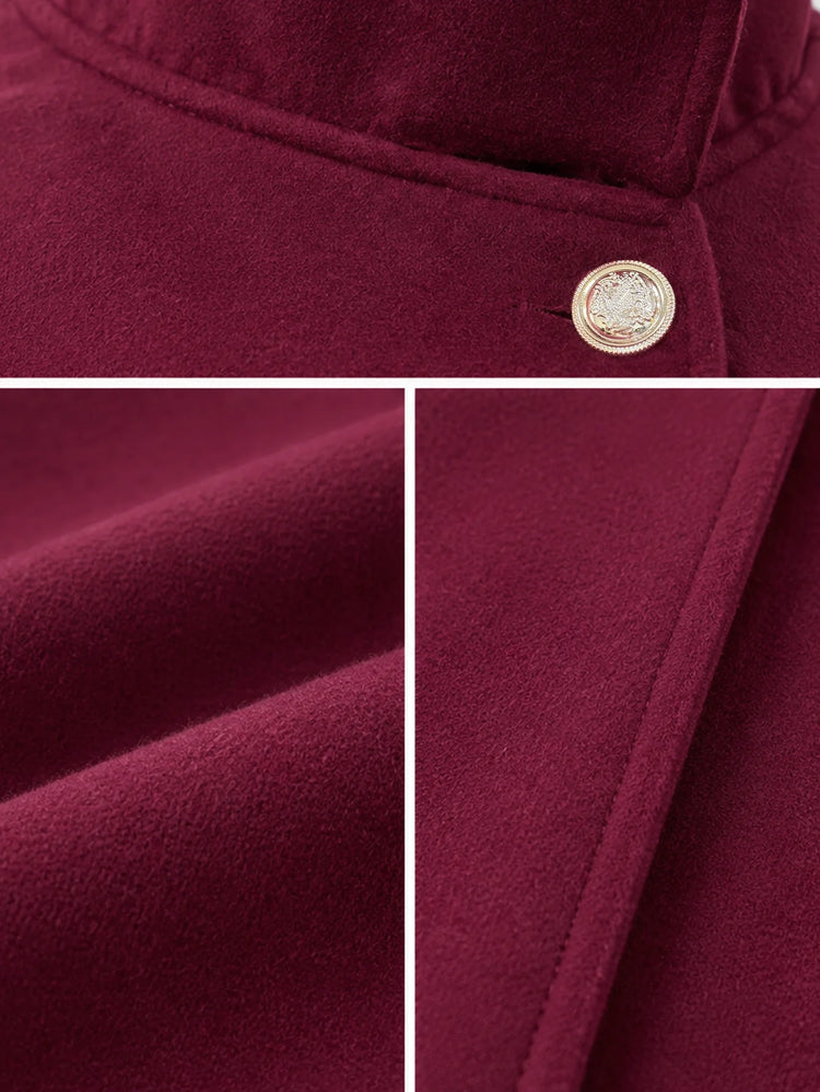 Women's Autumn and Winter Solid Color Elegant Cape with Gold Buttons and Belt Design
