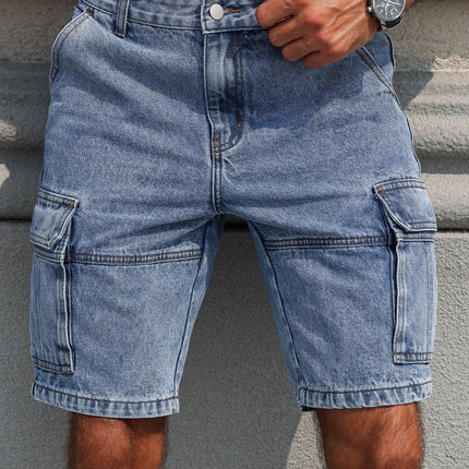 Pantaloncini jeans regolari estivi blu da uomo. Design multitasche. Elegante e casual.