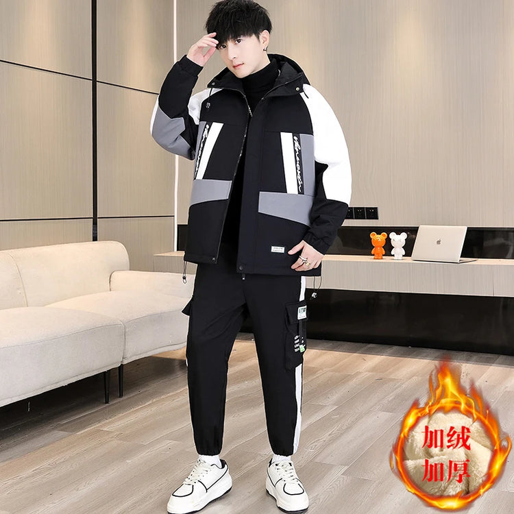 Men's Casual Wool Lined Thickened Hooded Set Fashionable Warm Sweatshirt Jacket Trendy Autumn Winter Men 2 Piece