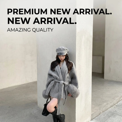 Women's Woolen Coat with Faux Fur Cuffs Belted Waist Short Autumn Winter Wrap Jacket