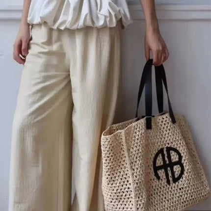 Large Capacity AB Letter Woven Straw Tote Bag, Beach Vacation Women's Striped RIO City Simple Style Casual Travel Bag