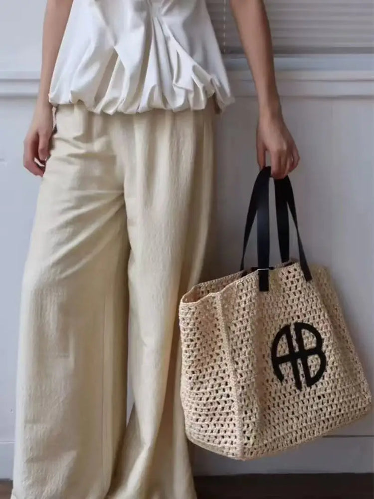 Borsa tote in paglia intrecciata con lettera AB di grande capacità, per vacanze al mare, da donna, a righe, RIO City, stile semplice, borsa da viaggio casual