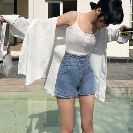 Women's super high waisted denim shorts for summer girls, new black A-line waist cinching slimming design, hot pants PlatiNum