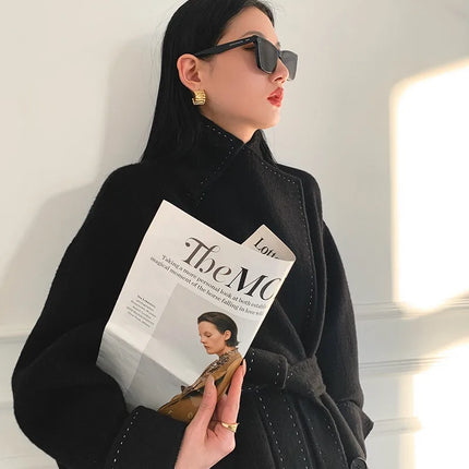 New Solid Korean Style Women Wool Coat Arch Needle Large Neck Versatile Fashion Texture Double Sided Trench Coats Female Winter