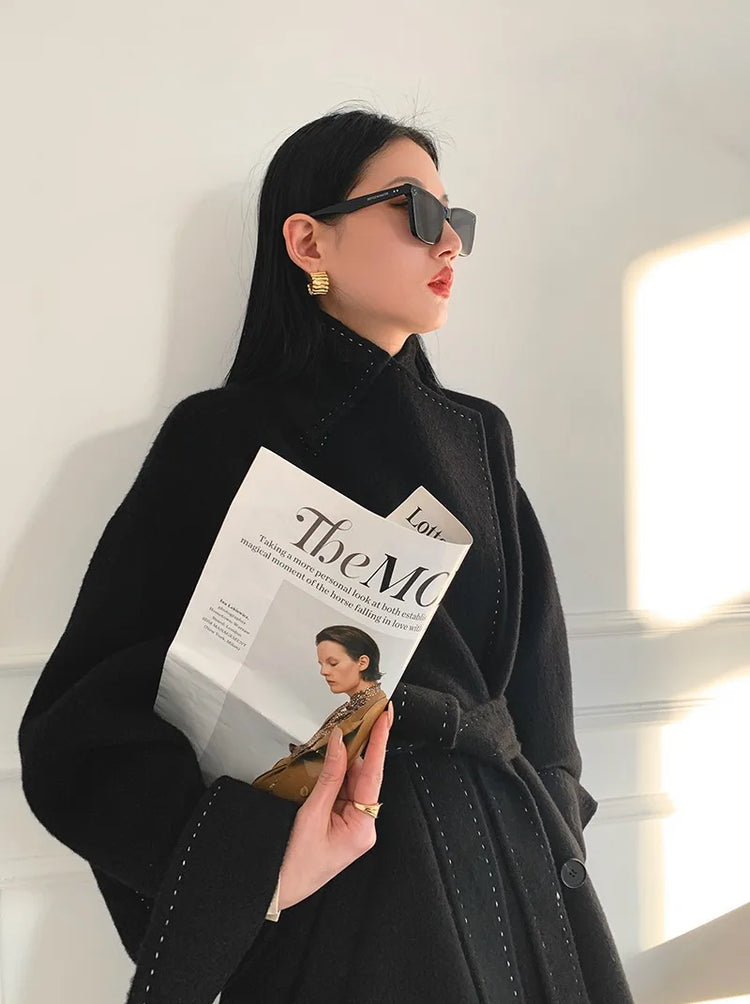 New Solid Korean Style Women Wool Coat Arch Needle Large Neck Versatile Fashion Texture Double Sided Trench Coats Female Winter