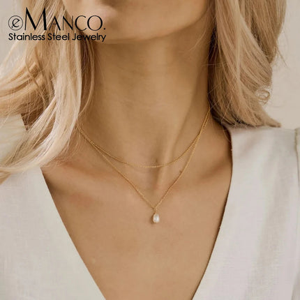eManco Minimalist Freshwater Pearl Necklace Women Girls 14K Gold Plated Stainless Steel Double Layer Necklace Wedding Jewelry PlatiNum