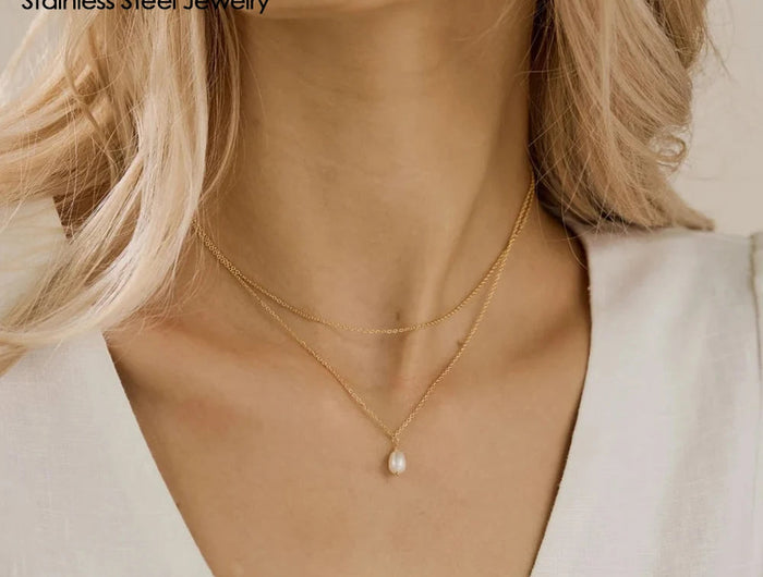 eManco Minimalist Freshwater Pearl Necklace Women Girls 14K Gold Plated Stainless Steel Double Layer Necklace Wedding Jewelry PlatiNum