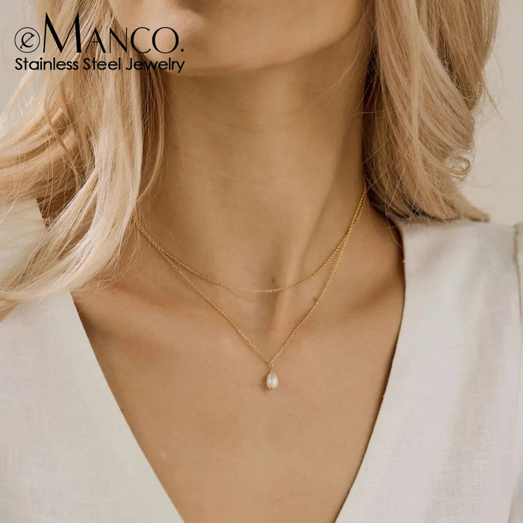 eManco Minimalist Freshwater Pearl Necklace Women Girls 14K Gold Plated Stainless Steel Double Layer Necklace Wedding Jewelry PlatiNum