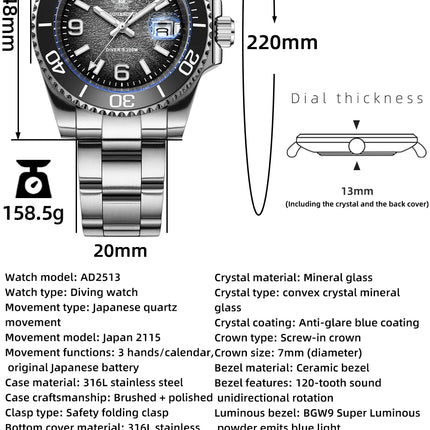 ADDIESDIVE 41mm Men's Diving Watch AD2513 200m Waterproof 316L Stainless Steel Quartz Wrist Watch Calendar BGW9 Super Luminous