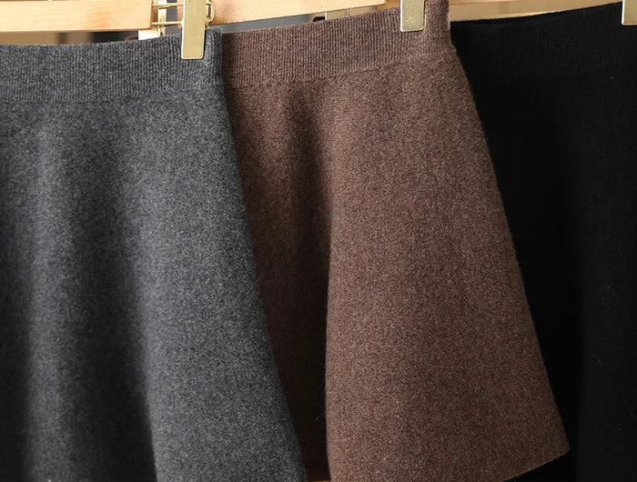 Women 100% Merino Wool Skirts Mini A-line Elastic Waist Skirts Autumn Winter Cashmere Above Knee Knitted Soft Sweet Style Dress PlatiNum