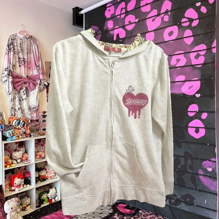 Retro Cartoon Gloomyed Bear Hoodie Women Sweet Cool Zip Sweatshirt Long Sleeve Fleece Jacket for Autumn Winter Subculture Style