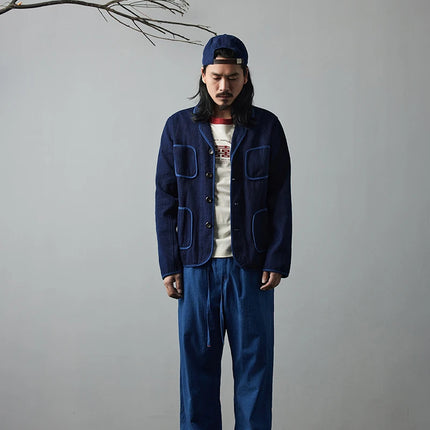 Vintage Handmade Indigo Jacket Men Spring Autumn New Lapel Multi-pocket Plant Blue Dyed Long Sleeve Jacket Casual Cardigan Coat