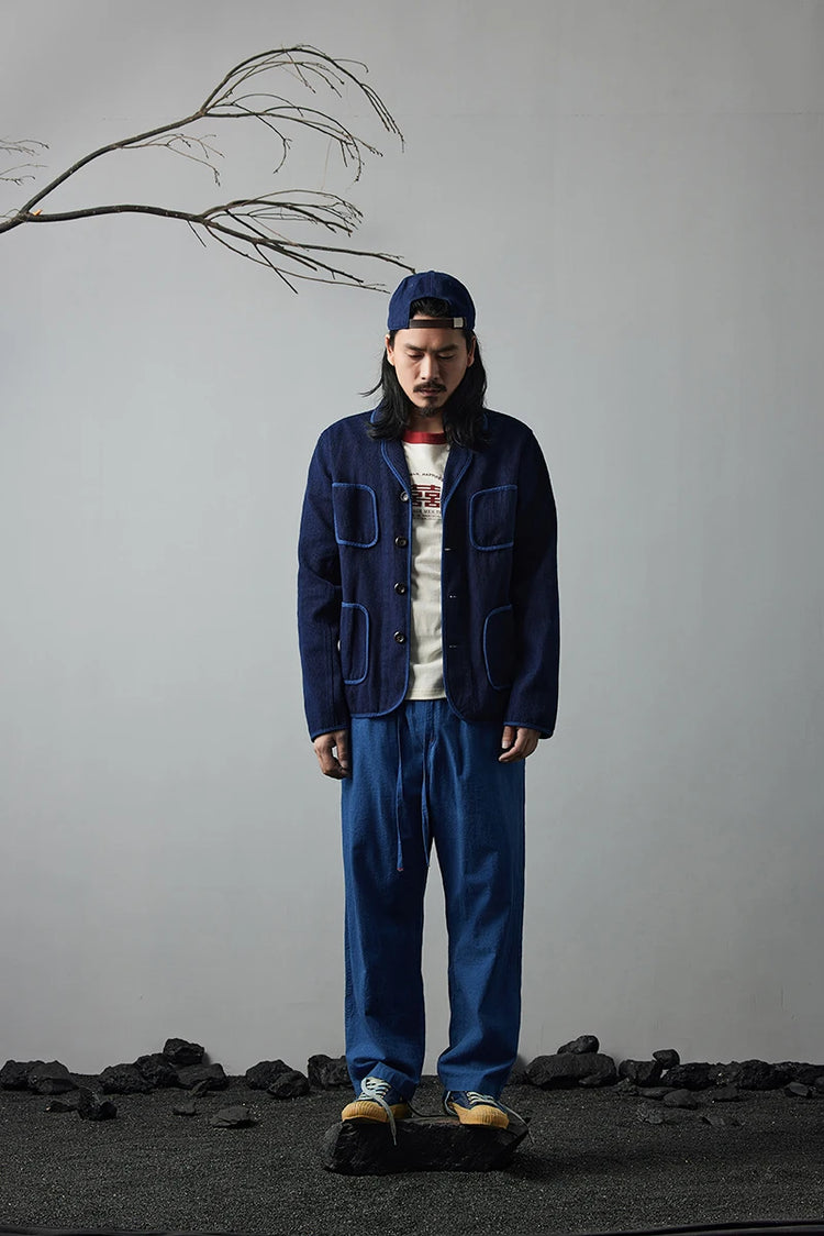 Vintage Handmade Indigo Jacket Men Spring Autumn New Lapel Multi-pocket Plant Blue Dyed Long Sleeve Jacket Casual Cardigan Coat