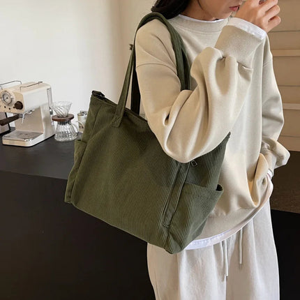 Women Corduroy Tote Bag Casual Multi Pocket Handbag Adjustable Strap Crossbody Sling Bag Zipper Shoulder Bag Fall Winter Bag PlatiNum