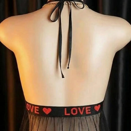 Women Halter Neck Lingerie Dress, Contrast Red Lace Sheer Mesh Irregular Hem Babydoll,Black