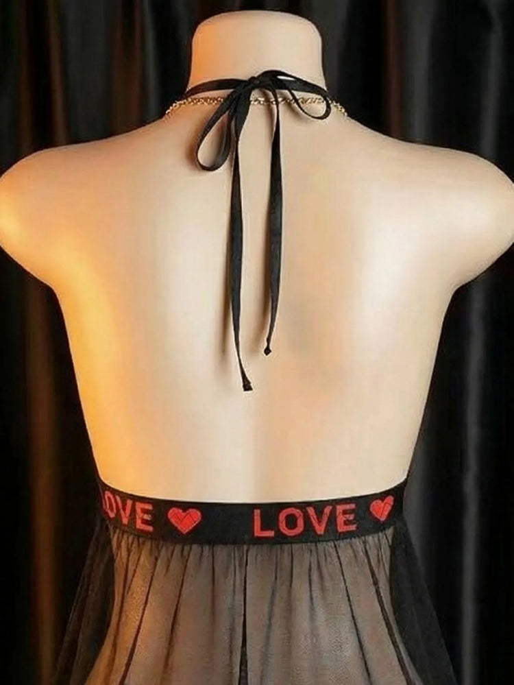 Women Halter Neck Lingerie Dress, Contrast Red Lace Sheer Mesh Irregular Hem Babydoll,Black