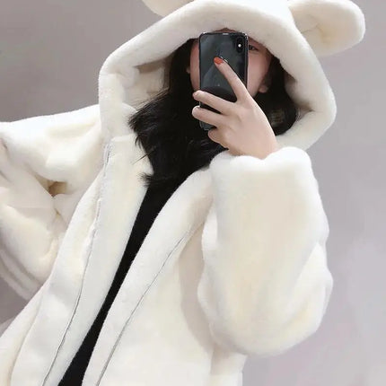 Cosy Loose Faux Fur Coat Womens Faux Fur Fuzzy Hooded Fluffy Ears Surcoat Overcoat Woman Winter Warm Outerwear Snowy Day Wrap