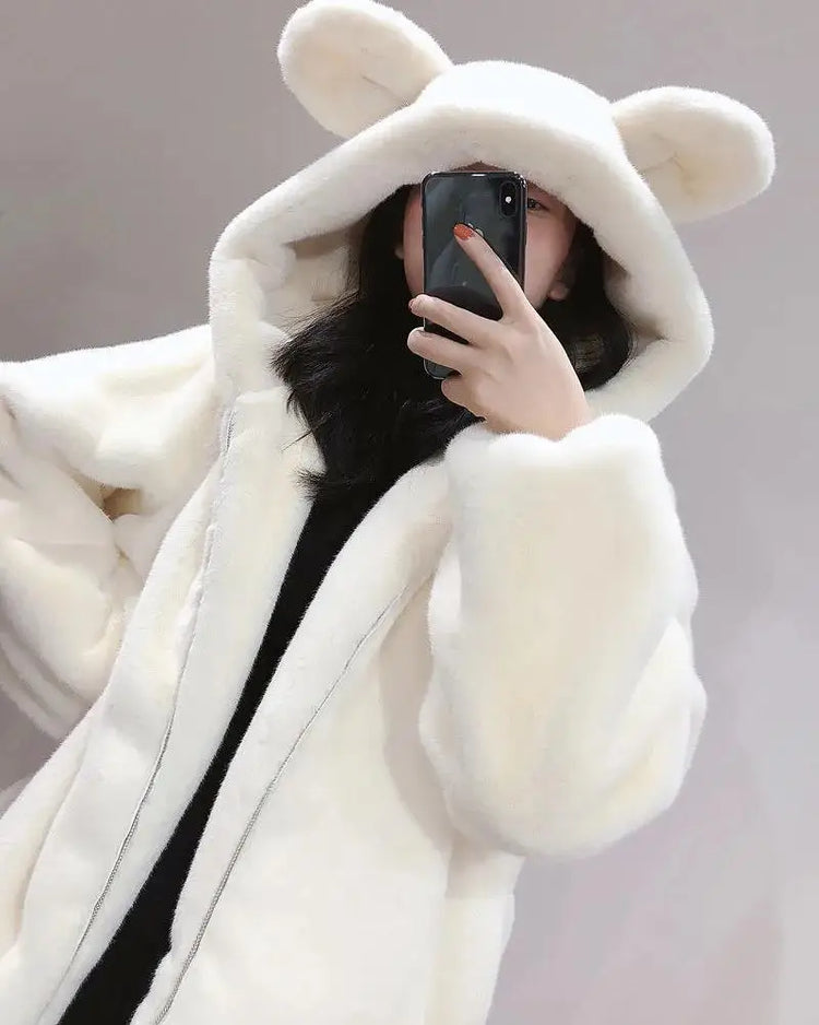 Cosy Loose Faux Fur Coat Womens Faux Fur Fuzzy Hooded Fluffy Ears Surcoat Overcoat Woman Winter Warm Outerwear Snowy Day Wrap