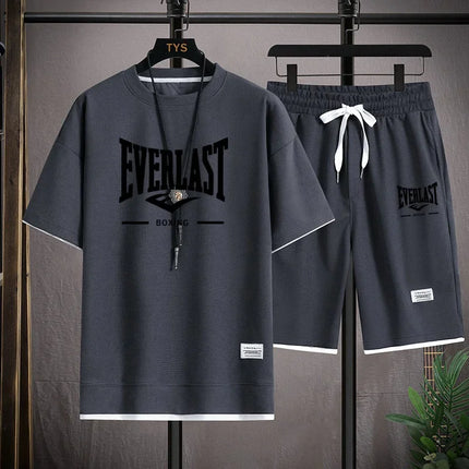Men's Summer Outfit High Quality Round Neck Men's T-shirt 2-Piece Shorts Set Quick Dry Running Leisure.