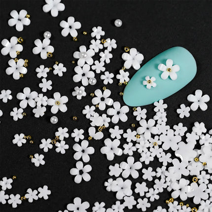 1box 3D Flower Bow Nail Art Decorations Kit Pink/White Acrylic Floral/Peal Beads Nail Charm with Wax Pen/Tweezer 4/6mm Nail Part Nail