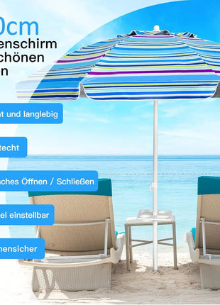 Ombrellone da spiaggia da 200 cm, con portabevande, ombrellone da giardino, antivento, UPF 50+, 30 °   Protezione solare pieghevole con punta a terra