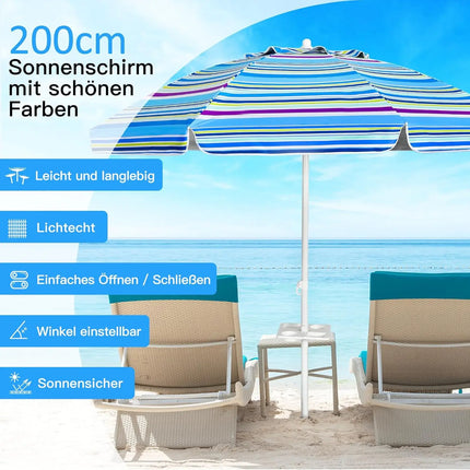 Ombrellone da spiaggia da 200 cm, con portabevande, ombrellone da giardino, antivento, UPF 50+, 30 °   Protezione solare pieghevole con punta a terra
