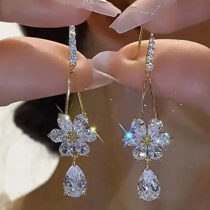 Green Shiny Zircon Flower Drop Earrings For Women Luxury Crystal Long Tassel Ear Line Hanging Earring Girls Wedding Jewelry Gift PlatiNum
