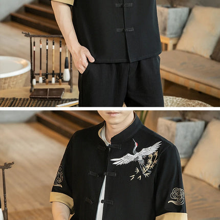 Camicie da uomo con gru ricamate Kungfu Tai Chi Casual manica corta nuovo stile cinese colletto alla coreana Cardigan in lino Tang Suit uomo Top