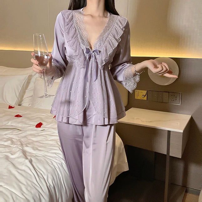 Women's Lace Satin Home Sleepwear Set, Deep V Sweet Lace Top and Pants, Two-Piece Oversized Home Clothes White Black Purple