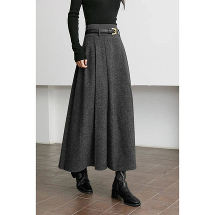 VIMLY Elegant Wool Blend Pleated Maxi Skirt for Women 2025 Winter High Waist Stereo Heavy Duty Skirt Office Lady Clothes M9173 PlatiNum