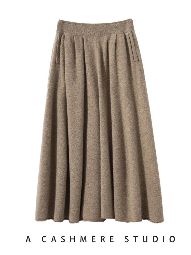 Classic Autumn Winter Wave Skirt 100% Cashmere Skirt Women A-Line Skirt Female Double Elastic Waist Pocket Warm Knit Long Dress PlatiNum