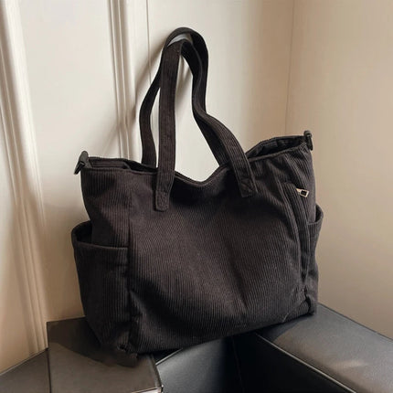 Women Corduroy Tote Bag Casual Multi Pocket Handbag Adjustable Strap Crossbody Sling Bag Zipper Shoulder Bag Fall Winter Bag PlatiNum
