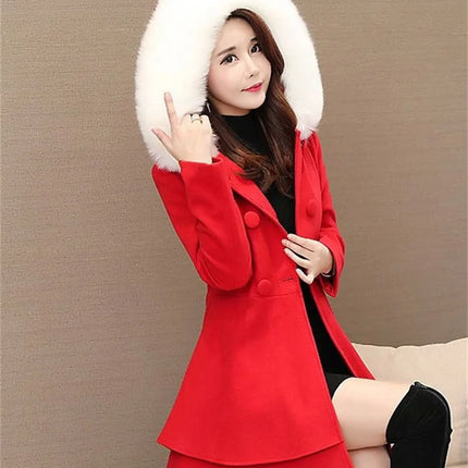 2023 New Winter Women's Woolen Blend Coat A-Line Double-Breasted Jackets Female Fur Collar Office Lady Wool Outwear