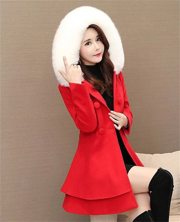 2023 New Winter Women's Woolen Blend Coat A-Line Double-Breasted Jackets Female Fur Collar Office Lady Wool Outwear