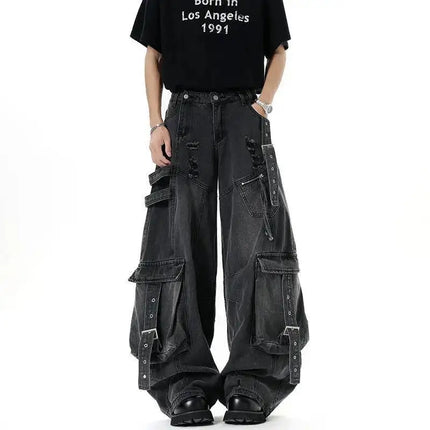 IEFB Jeans da uomo stile americano tinta unita multi tasche pantaloni casual usurati decostruzione pantaloni in denim a gamba larga 9W4066
