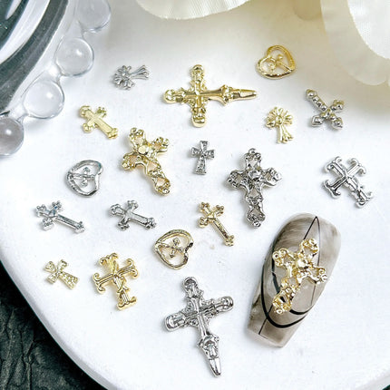 30PCS Multiple Style Shiny Alloy Cross Nail Art Charms 3D Retro Creative Heart Cross Nail Decorations for DIY Y2K Nails Designs