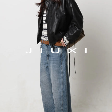 Soft Sheepskin Genuine Leather Cropped Jacket Women Lapel Zip Up Snap Button Side Pockets Casual Autumn Real Leather Outerwear